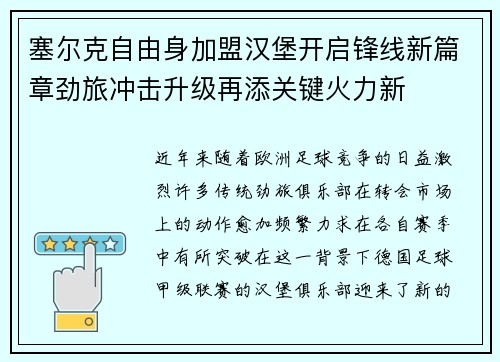 塞尔克自由身加盟汉堡开启锋线新篇章劲旅冲击升级再添关键火力新
